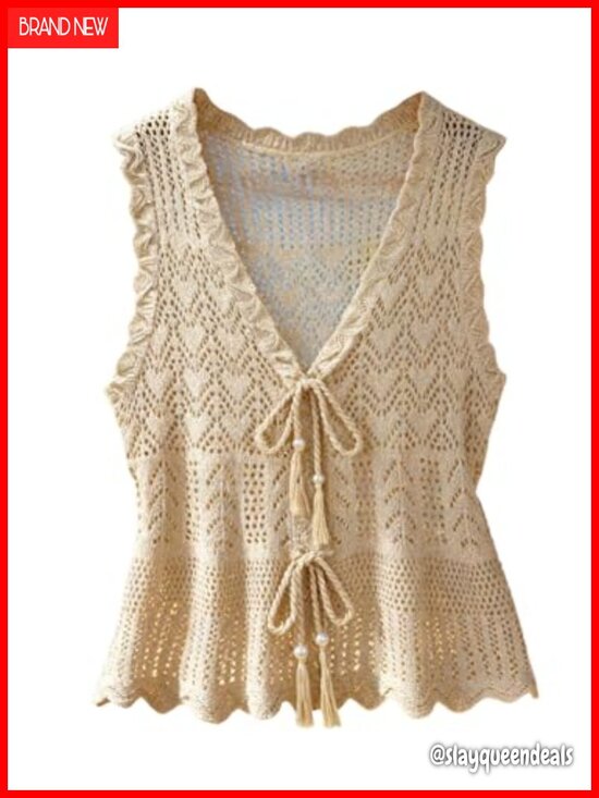 Sweaters - Women's Tie Front Crochet Sweater Vest Hollow Out V Neck Sleeveless Cardigan